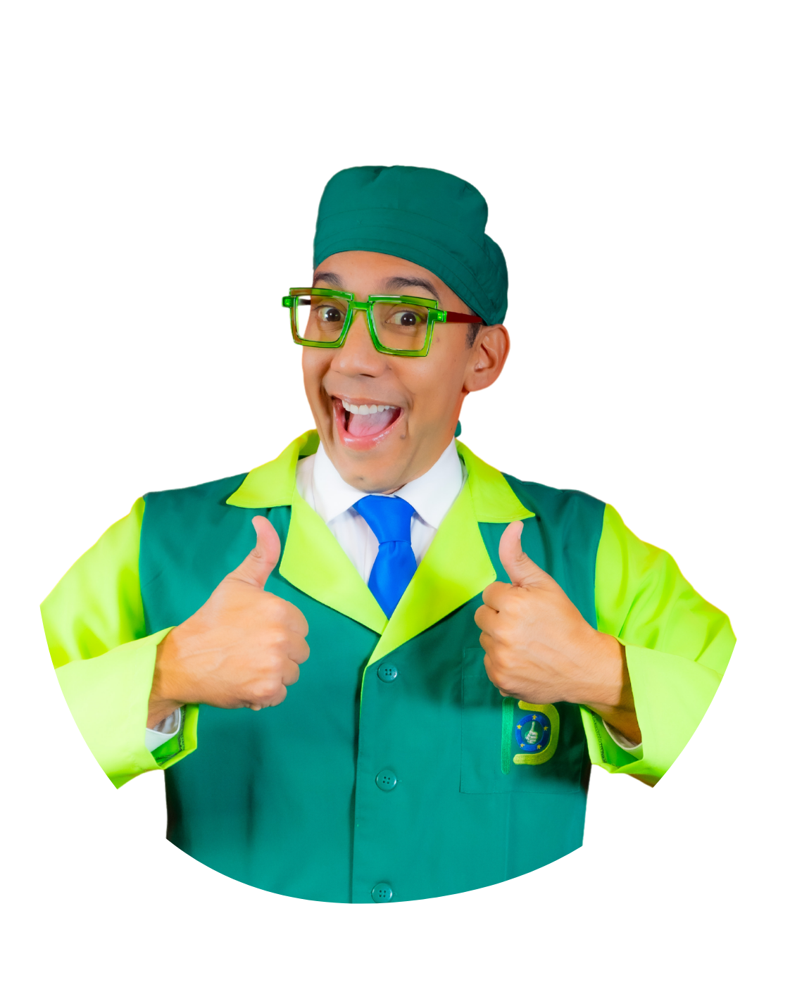 Dr. Producto mascot giving two thumbs up